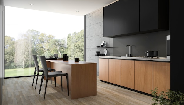 3d rendering modern black kitchen with wood built in Premium Photo