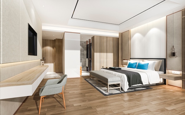 Premium Photo | 3d rendering modern blue luxury bedroom suite and bathroom