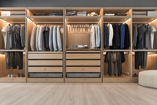 3d Rendering Modern Scandinavian White Wood Walk In Closet With