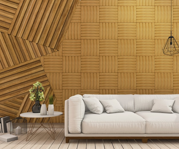 3d rendering nice sofa with abstract wood wall design Premium Photo