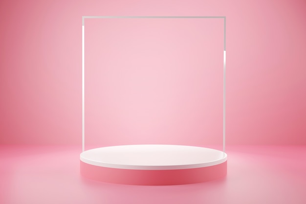 製品広告用のピンクのパステルカラーの背景を持つ白とピンクのセルクル表彰台の3dレンダリング 最小限のスタイル プレミアム写真