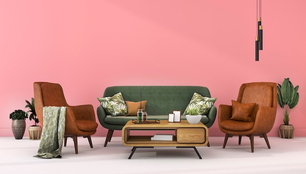 3d rendering scandinavian pink wall with green leather decor in living room Premium Photo