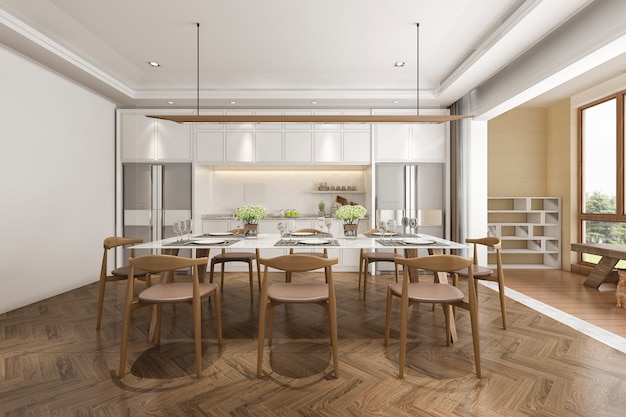 3d rendering scandinavian vintage kitchen with dining table Premium Photo