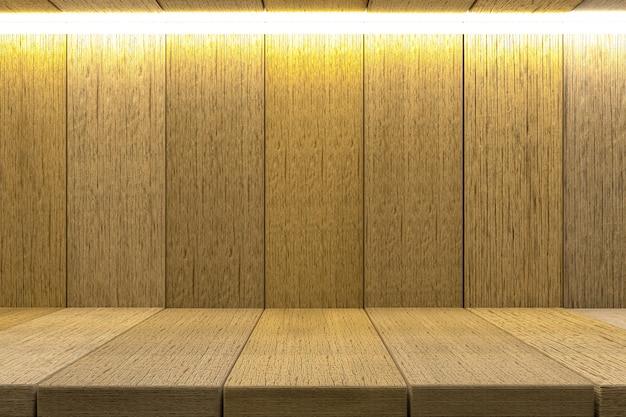 3 Dレンダリング 製品表示 ウッドテクスチャ背景の棚木製テーブル背景 プレミアム写真