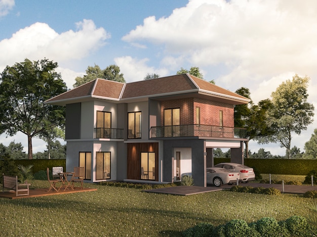 3d rendering twin house with garden terrace Premium Photo