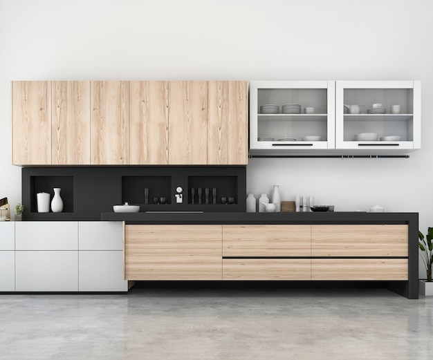 Download 3d rendering white minimal mock up kitchen with wood decoration Photo | Premium Download