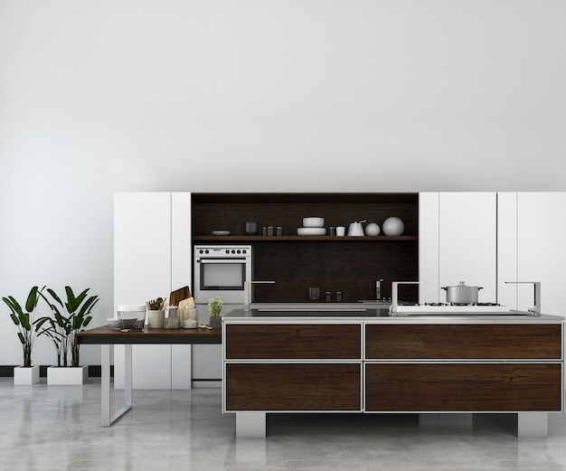 Download 3d rendering white minimal mock up loft kitchen with wood ...