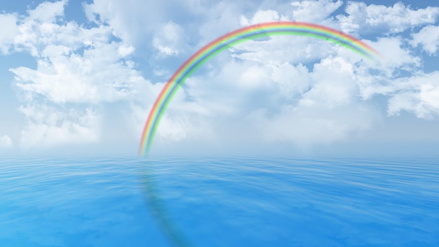 青い海と空にふわふわ白い雲と虹のレンダリング3d 無料の写真