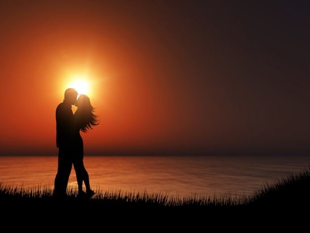 Free Photo 3d Silhouette Of A Couple Kissing Against A Sunset Ocean