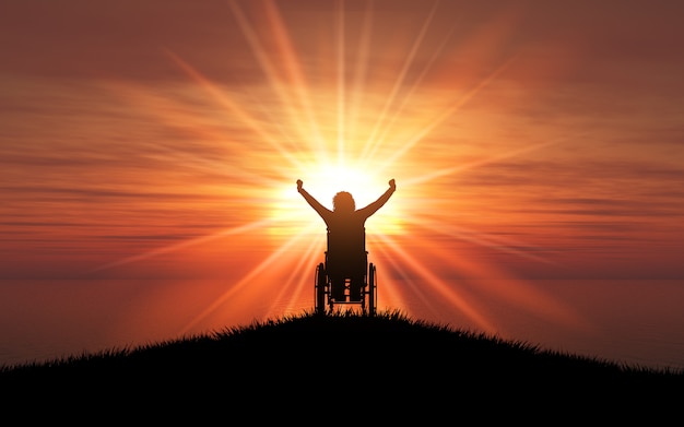 3d silhouette of a female in a wheelchair with her arms raised against a sunset ocean Free Photo