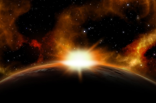 架空の惑星に昇る太陽の3d空間シーン 無料の写真