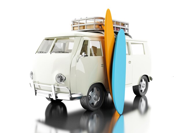 Premium Photo | 3d surfing van with colorful surfboards