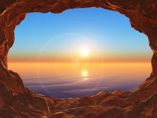 3d view from a cave looking out to a sunset ocean Free Photo