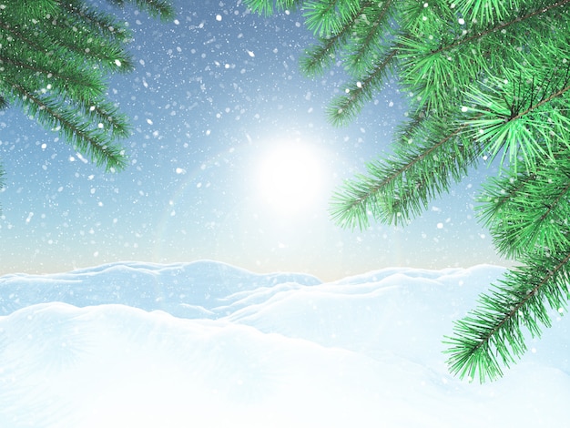 クリスマスツリーの枝と3 Dの冬の風景 無料の写真