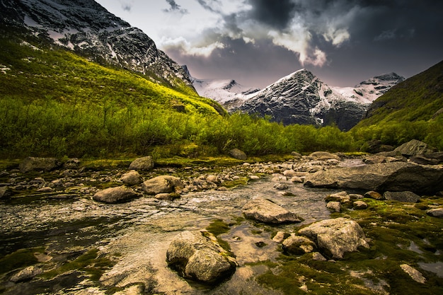 山の氷河 絵のような風景 自然な壁紙 山のスカンジナビアの風景 春の背景 ノルウェーの国立公園ヨステダールブリーン 自然の保護 地球温暖化 プレミアム写真
