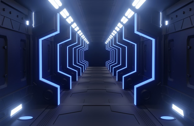 トンネル宇宙船の黒と青のインテリア、廊下 Premium写真
