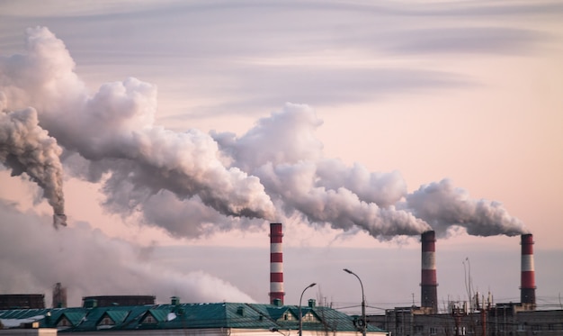 ピンクの夕焼け空の生態学的問題として大気汚染を引き起こす重煙の産業煙突 Premium写真