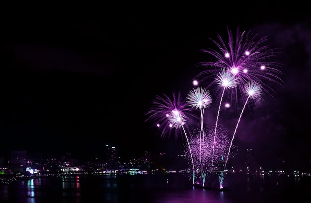 港の夜空にはねかける印象的な鮮やかな紫色の花火 プレミアム写真