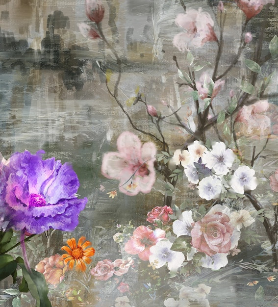 抽象芸術のカラフルな花の絵 春の色とりどりのイラスト プレミアム写真