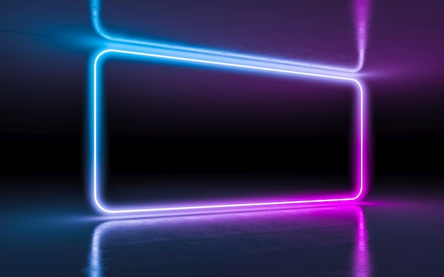 Abstract background purple and blue neon glowing lights in empty dark room with reflection Premium Photo