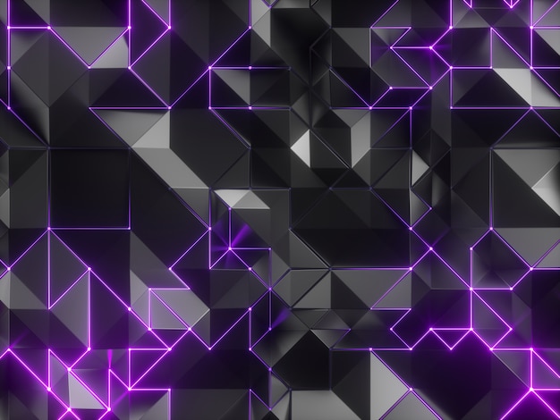 Abstract black geometric polygonal background with violet glowing lines ...