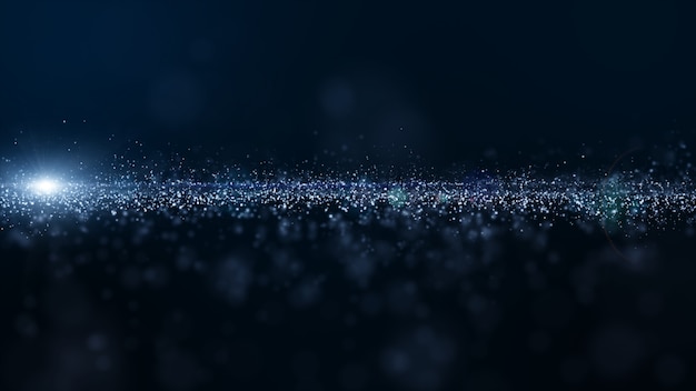 Abstract blue color digital particles wave with dust and light background Premium Photo