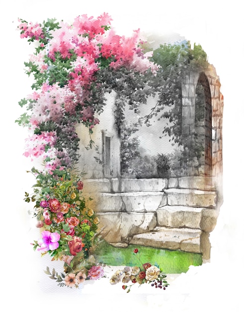 抽象的なカラフルな花の水彩画の風景です 建物と壁のある春 プレミアム写真
