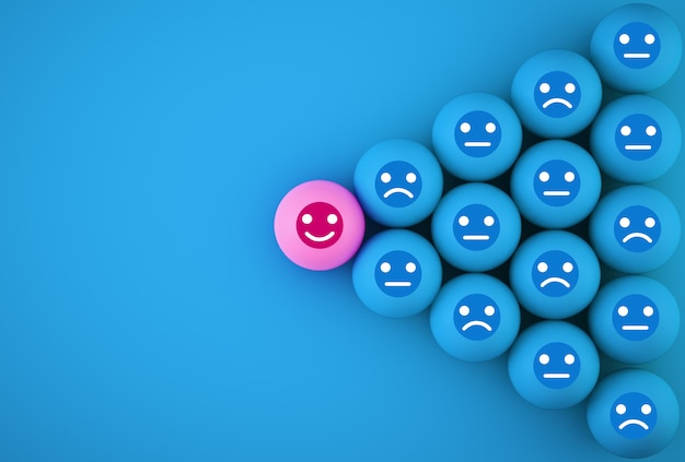 Abstract of face emotion happiness and sadness, unique, think different, individual and standing out from the crowd . spherical with icon on blue background. Premium Photo