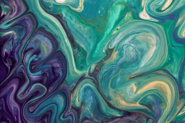 抽象的な流体アートの背景紫と緑の色 青いグラデーションのキャンバスに液体アクリル画 パターンと水彩の背景 プレミアム写真