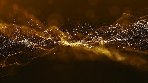Abstract gold color digital particles wave with bokeh and light background Premium Photo