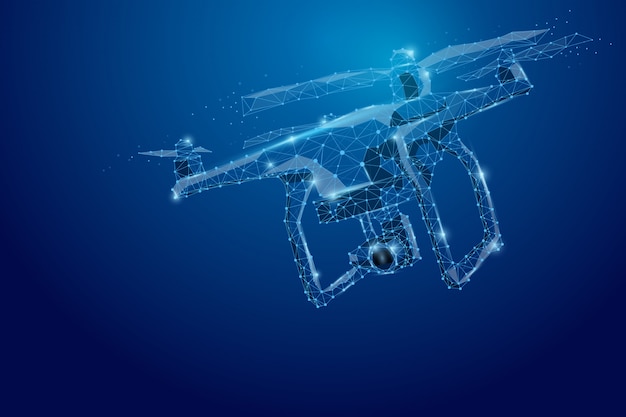 Abstract line and point drone. drone flying with action video camera on dark blue. polygonal low poly with connecting dots and lines. illustration connection structure. Premium Photo