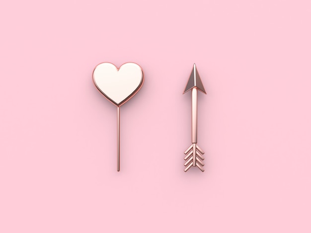 抽象的なピンクメタリックハート矢印ピンク背景バレンタイン 3dレンダリング プレミアム写真