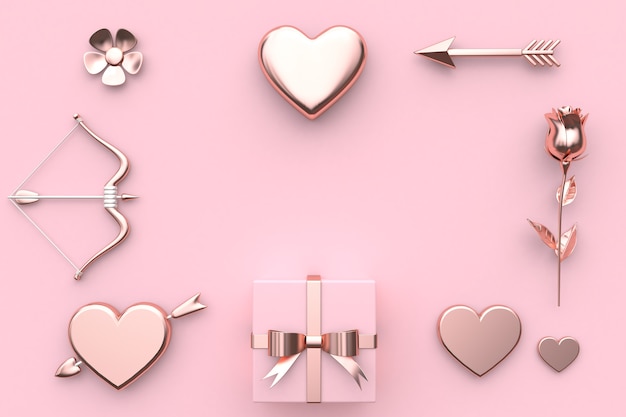 Download Premium Photo Abstract Valentine Concept 3d Rendering Flower Heart Arrow Bow Gift Box Rose Pink Backgrou