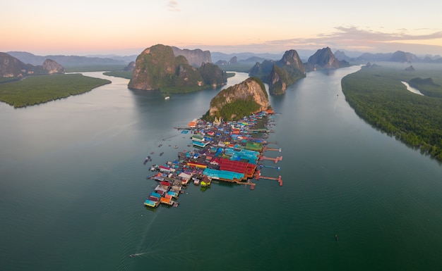 Premium Photo | Aerial panorama view over ko panyi floating village in ...