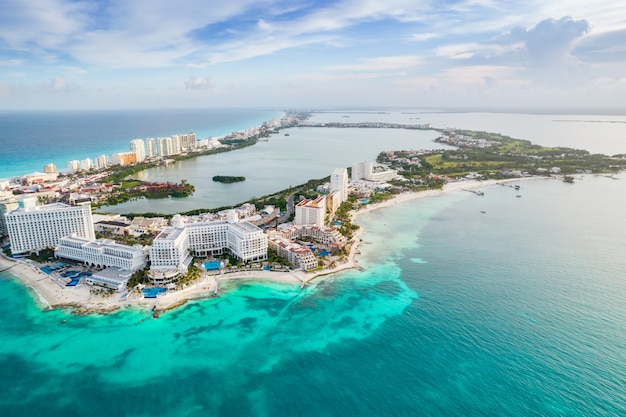 Premium Photo  Aerial panoramic view of cancun beach and city hotel zone in mexico caribbean 