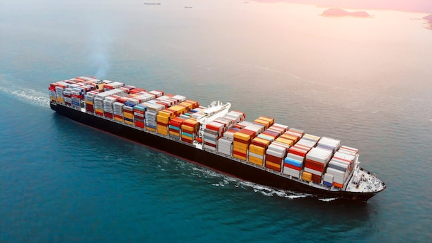  Aerial view of cargo container ship on ocean.