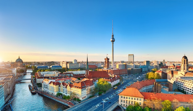 Aerial view of central berlin on a sunset in spring, including television tower on alexanderplatz Premium Photo