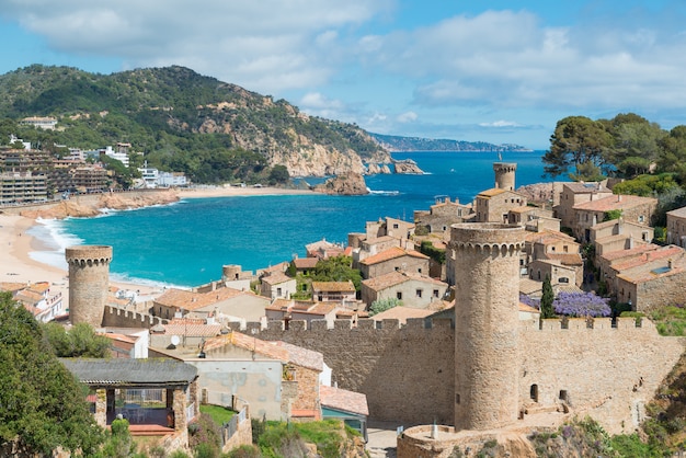 Aerial view of fortress vila vella and badia de tossa bay in tossa de ...