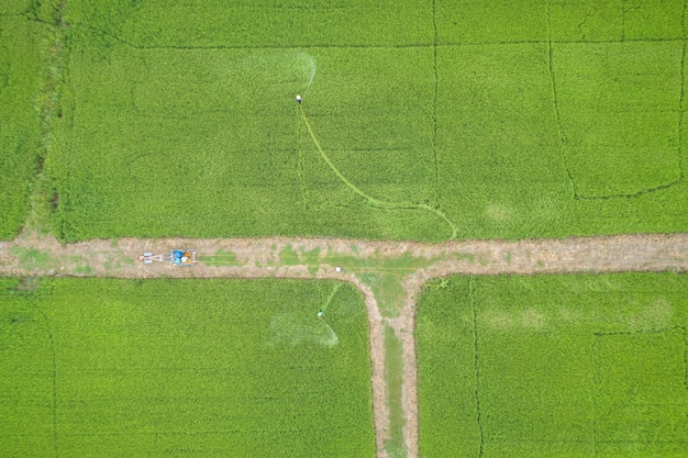 Premium Photo | Aerial view from flying drone. thai farmer spraying ...