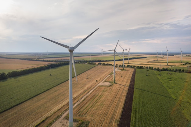 Aerial view of wind turbine generators in field producing clean ecological electricity. Premium Photo