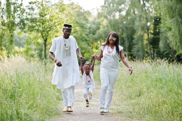 屋外楽しんで白いナイジェリア民族衣装でアフリカ系アメリカ人の家族 プレミアム写真