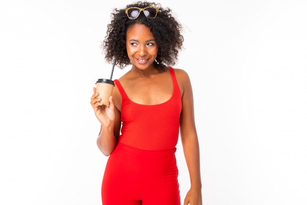 Premium Photo | African female with cup of coffeee, picture isolated on ...