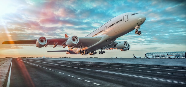 空港から飛行機が離陸します プレミアム写真