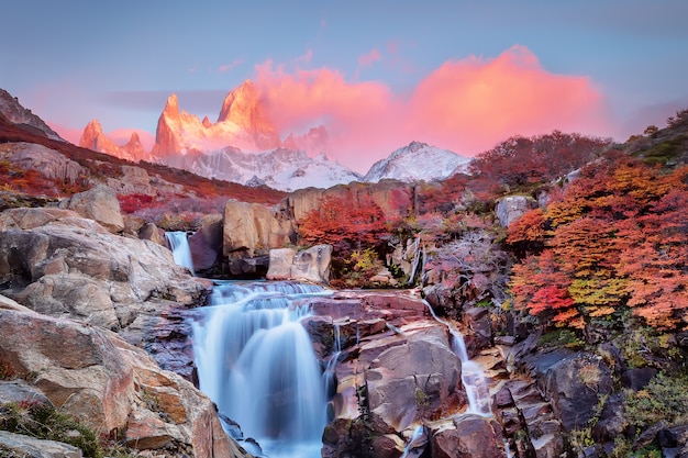 Amazing mount fitz roy and the waterfall at pink dawn, los glaciares ...