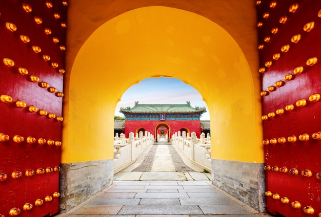 Ancient buildings in beijing, china.chinese text is: zhai palace,the name of the ancient building. Premium Photo