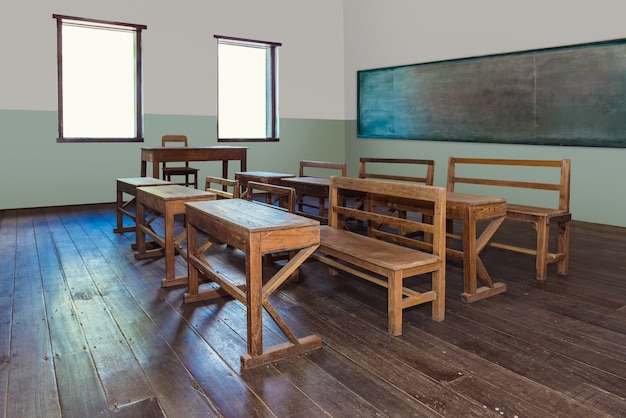 Antique Classroom In School With Rows Of Empty Wooden Desks