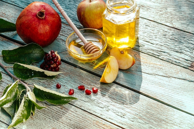 リンゴと蜂蜜とザクロ ユダヤ人の新年の伝統的な食べ物 Rosh Hashana プレミアム写真