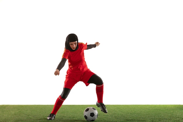 Free Photo Arabian Female Football Player Isolated On White Studio Wall