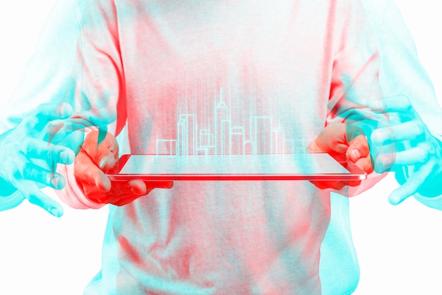 Architect using transparent tablet smart construction technology in double color exposure effect Free Photo