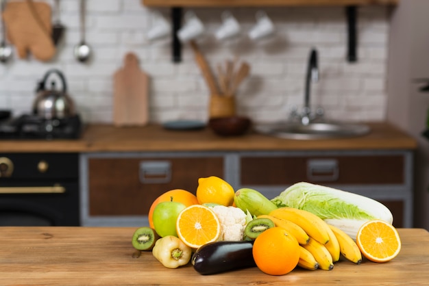 kitchen set with fruits and vegetables